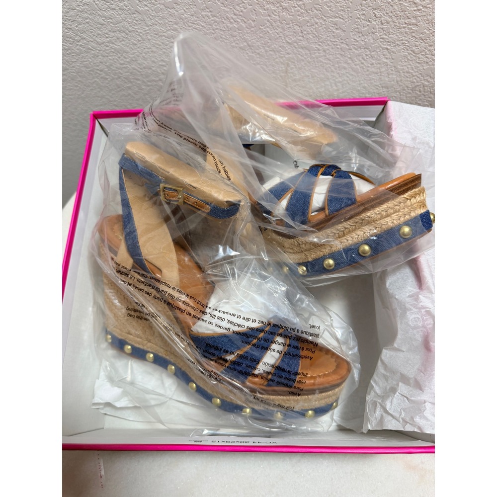 Vince Camuto Poula Denim Espadrille Wedge Sandals Indigo Gold Studded 9M NEW - Picture 2 of 12